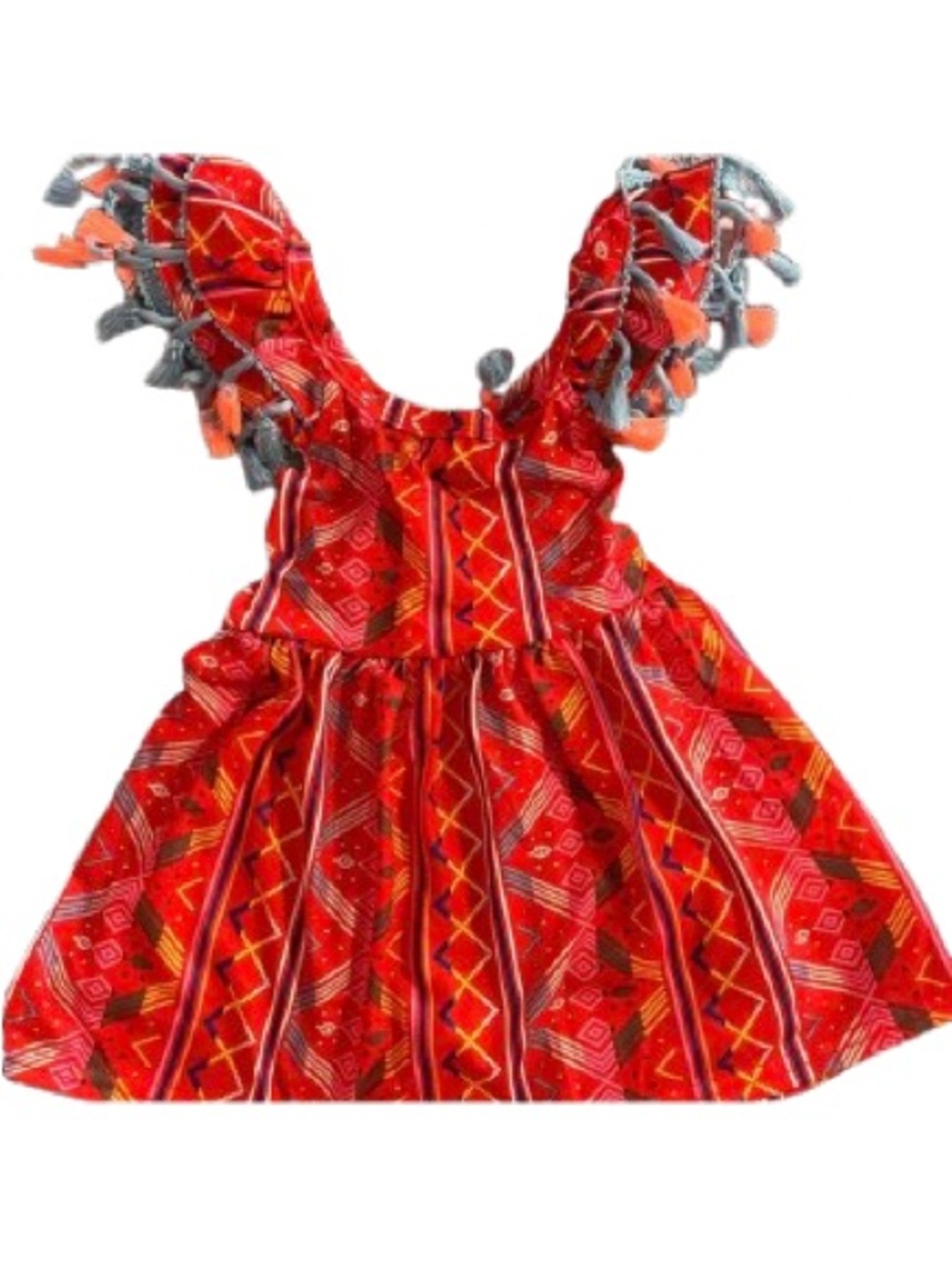 NWT Vibrant Red Boho  Flutter Sleeve Dress -Tribal Print Tassels 6-12 M